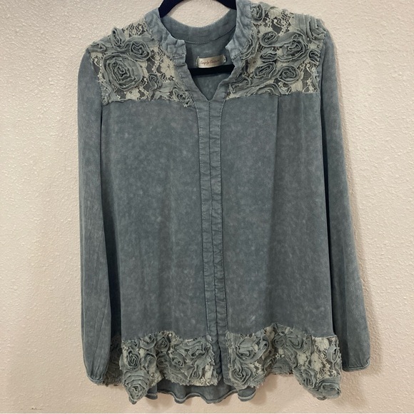 Simply Couture Tops - Simply Couture Women’s Blouse Gray Embellished Long Sleeve Size S Bohemian